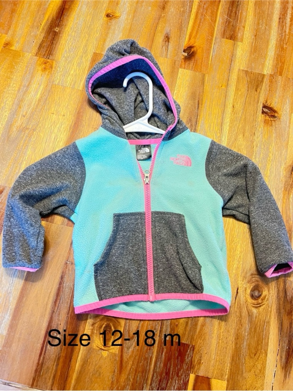 The North Face Toddler Hooded Fleece Jacket - Aqua, Gray & Pink Trim